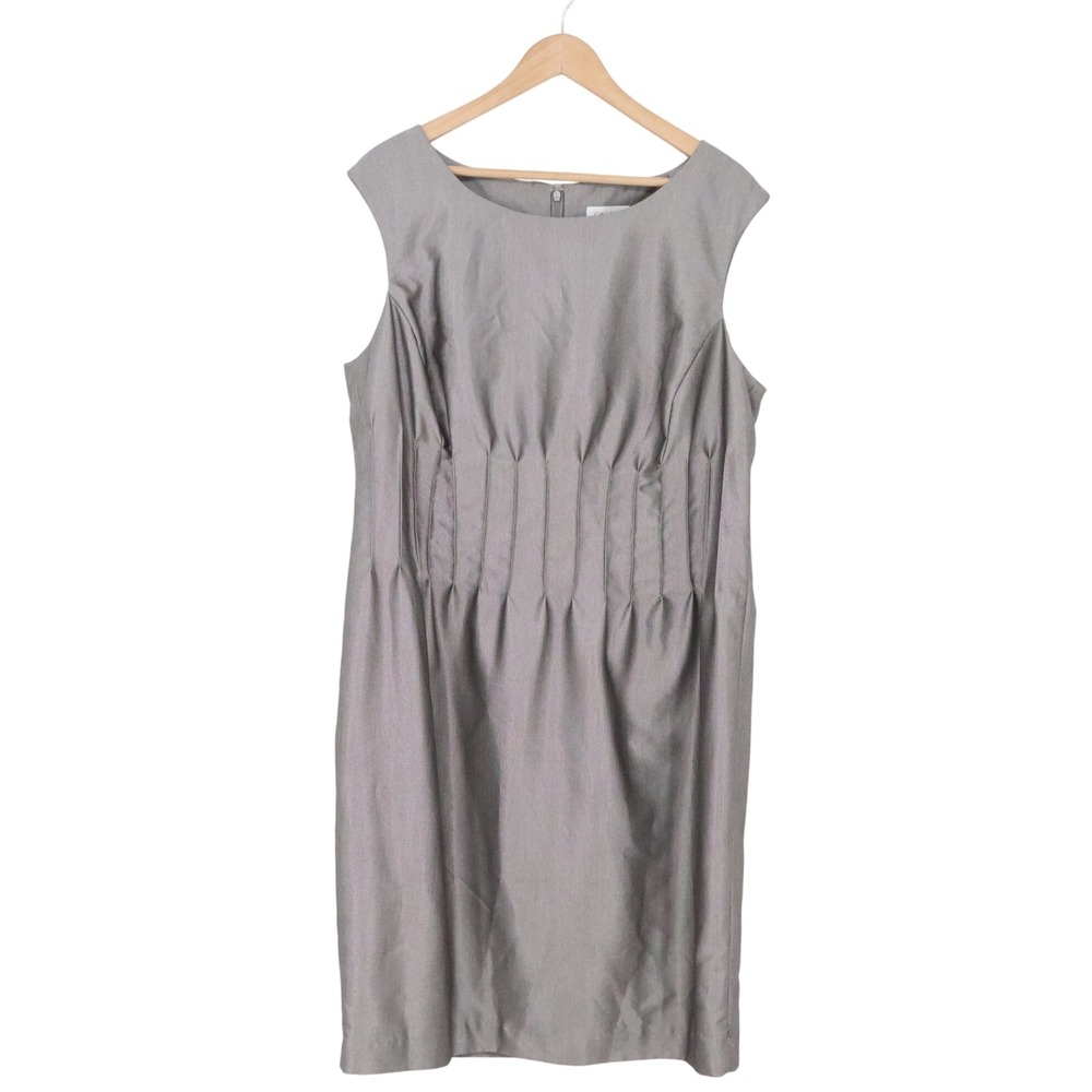 Calvin Klein Dress Womens 16W Grey Pintuck Waist Sleeveless Sheath NEW
